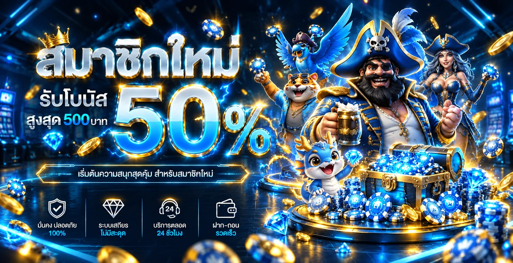 แบนเนอร์ K88USA โปรโมชั่นสมาชิกใหม่โทนน้ำเงินทอง